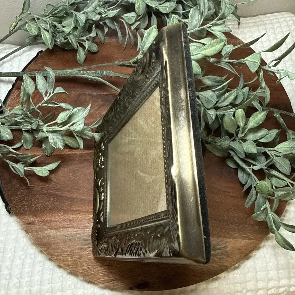 Vtg Ornate Gold Tone Metal Picture Frame Embossed Floral Scroll 4.5 x 3.25 in